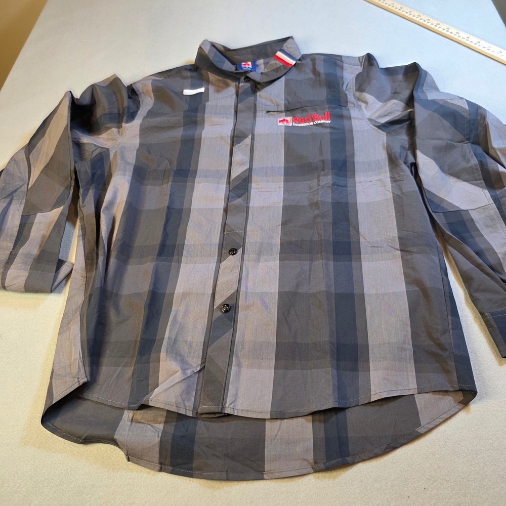 Red Bull Distribution Company Grey Plaid Button Up Shirt Mens XL Long Sleeve